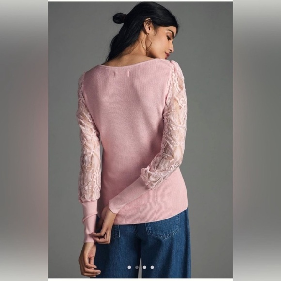 Anthropologie Sweater Lace Sleeve Ribbed Sweetheart Neck in Ballet Pink - Picture 4 of 10